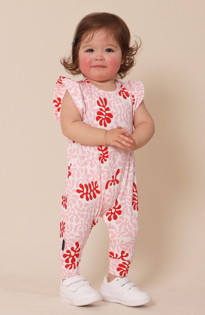 TINY TRIBE Coral Print Ruffle Shoulder Cotton Jersey Romper, Alternate, color, Pink