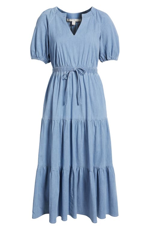 Anne Klein Puff Sleeve Tiered Denim Midi Dress In Blue