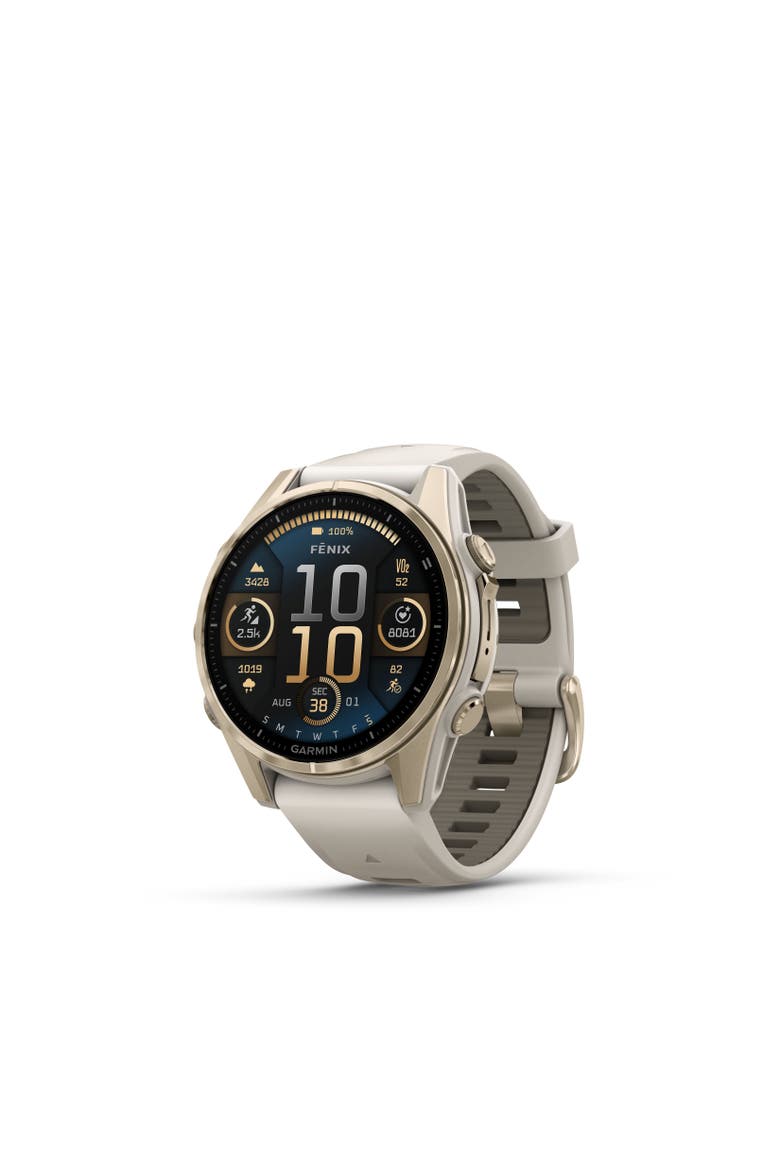 fenix 8 43mm, AMOLED, Ultimate Outdoor GPS Smartwatch, Saphire, Main, color, Soft gold, sand