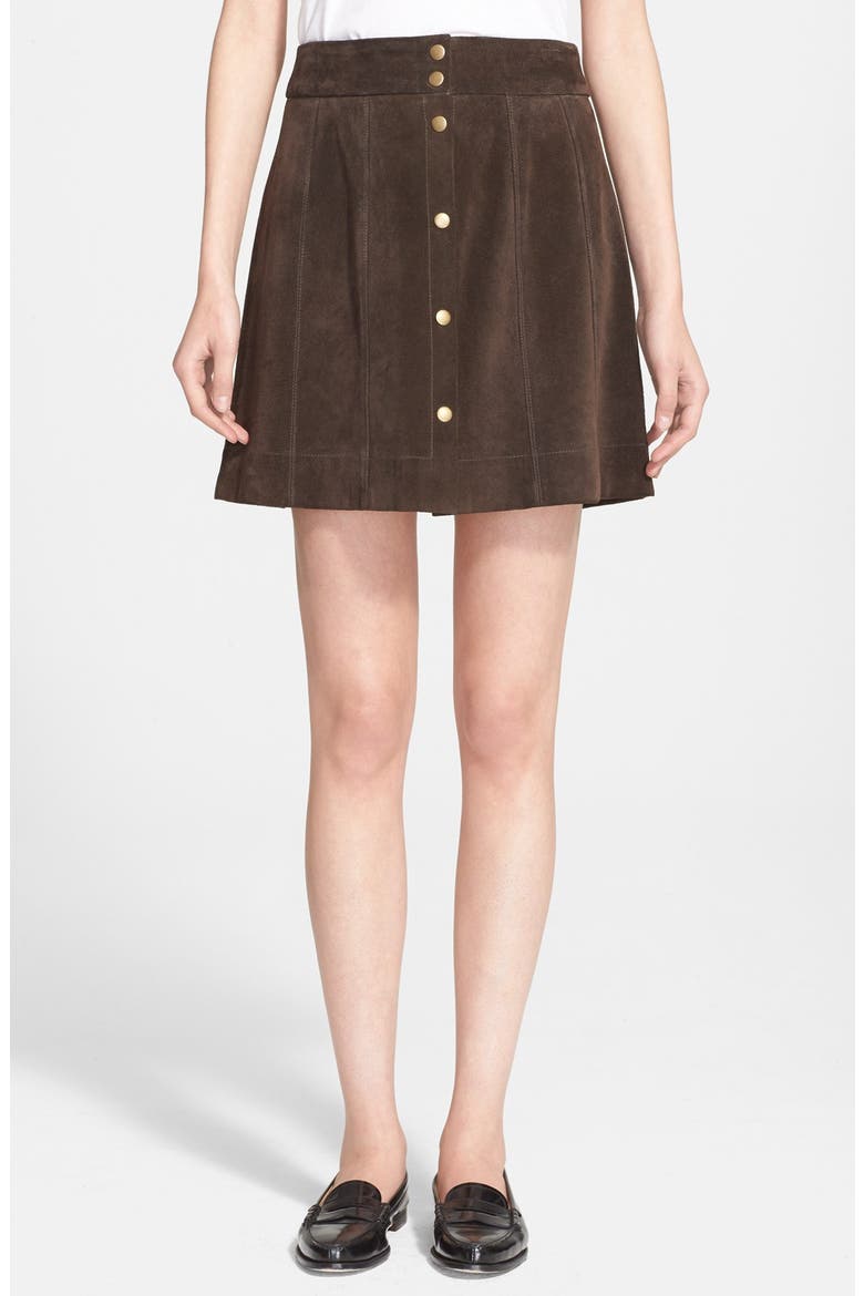 Denim 'Le Paneled' Suede Miniskirt, Main, color, DARK BROWN