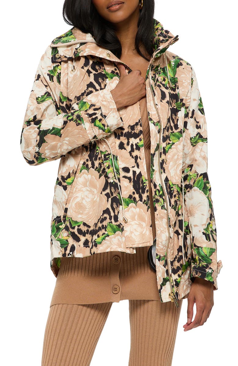 GORSKI Lightweight Floral Printed Jacket With Concealed Hood, Alternate, color, Beige Floral Lprd/Beige