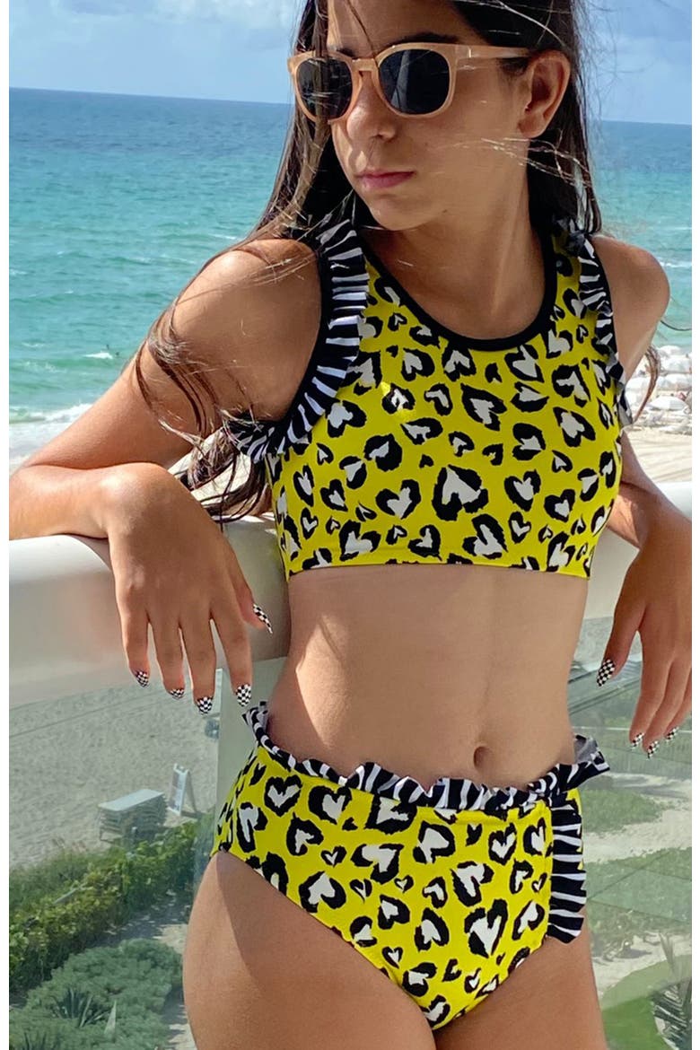 Kid's Heart Print Ruffle Detail Two Piece Bikini, Alternate, color, Yellow