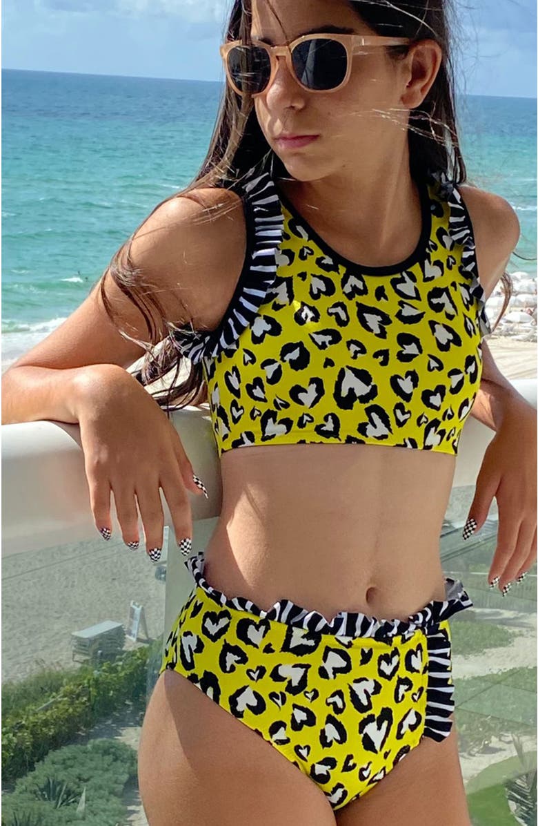 NESSI BYRD Kid's Heart Print Ruffle Detail Two Piece Bikini, Alternate, color, Yellow
