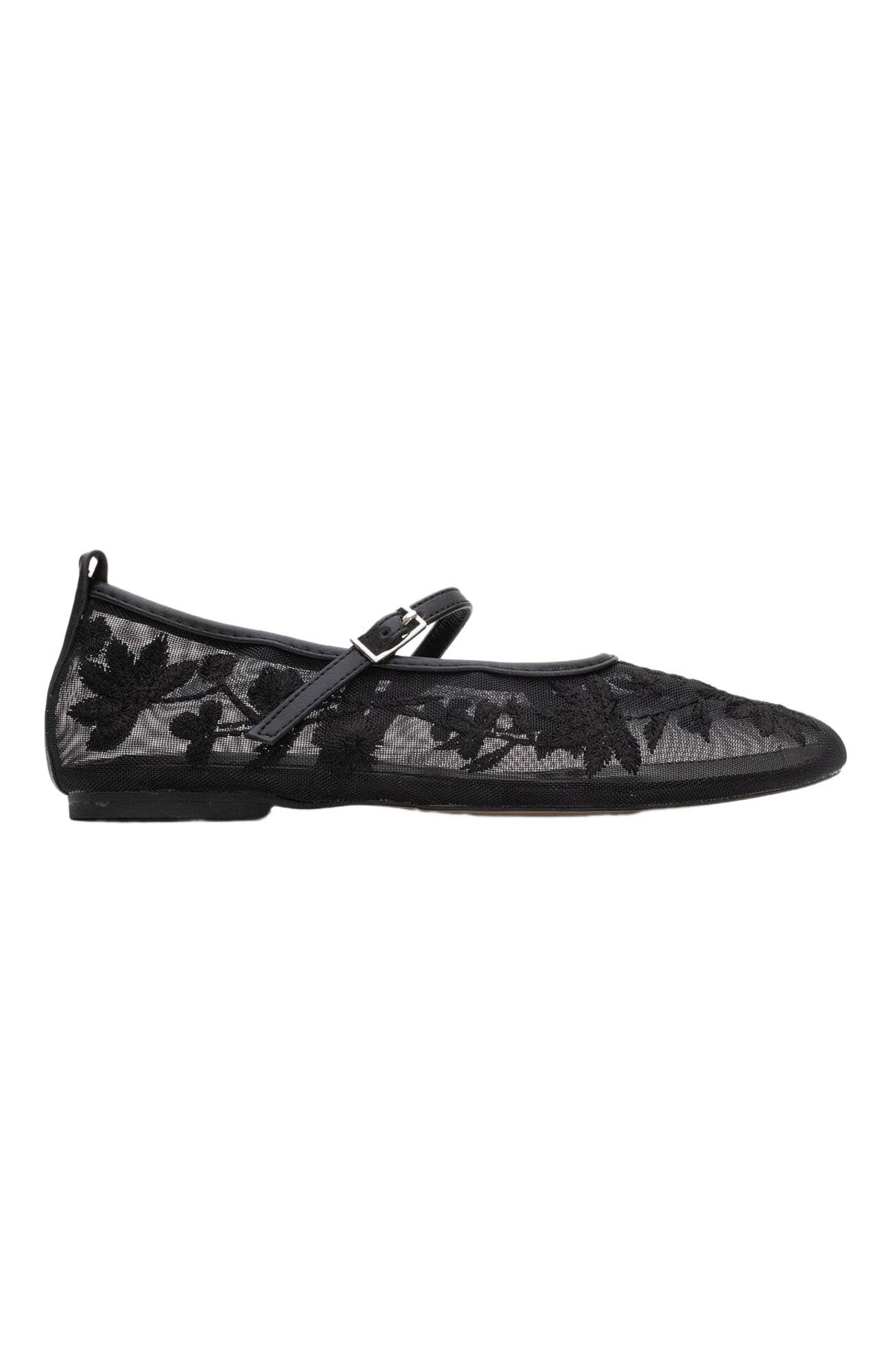 Prologue Shoes Juny Mesh Floral Embroidery Ballet Flat, Alternate, color, Black Faux Leather