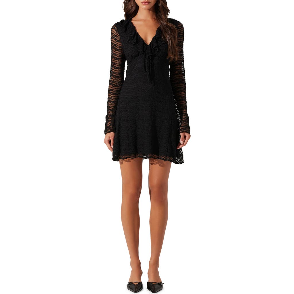 Astr The Label Ruffle Long Sleeve Stretch Lace Minidress In Black