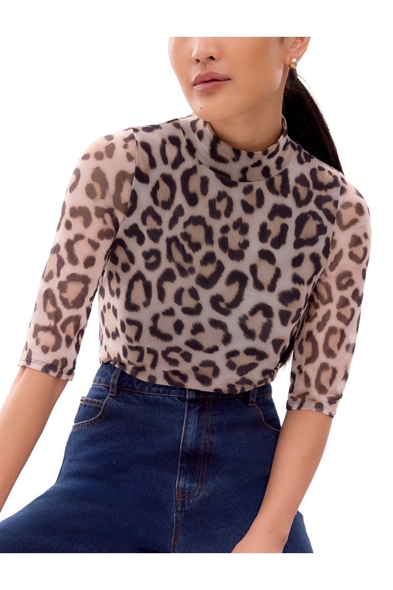 Long Sleeve Print Mesh Top, Alternate, color, Brown