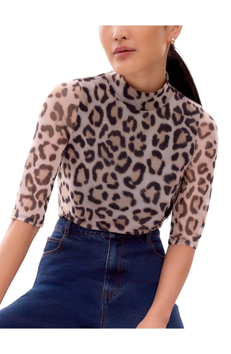 Ro&Zo Long Sleeve Print Mesh Top, Alternate, color, Brown