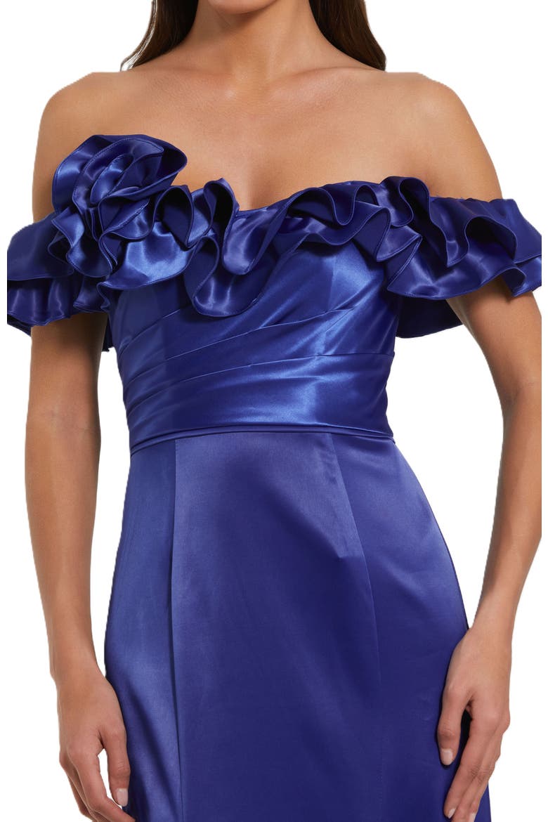Satin Ruffle Off the Shoulder Mermaid Gown, Alternate, color, Cobalt