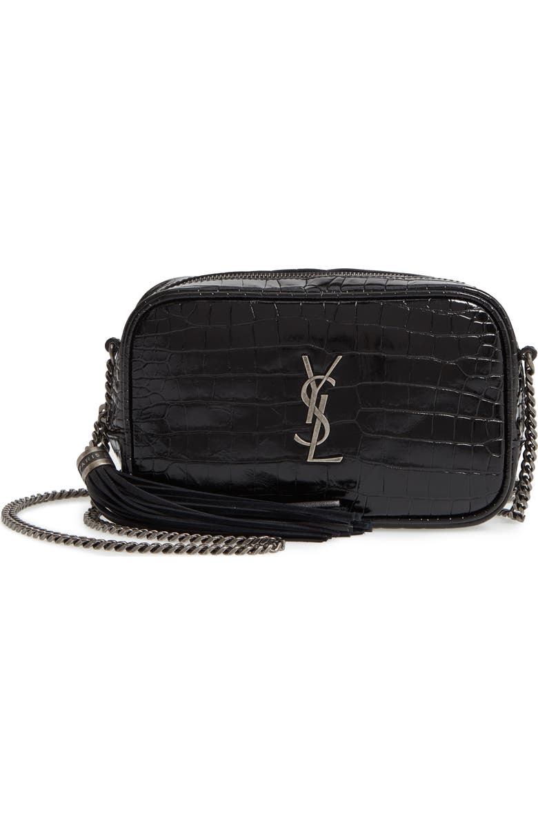 Saint Laurent Mini Lou Croc Embossed Leather Camera Bag, Main, color,
