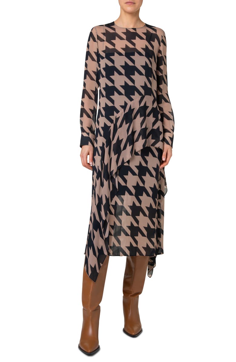 Akris punto Check Print Long Sleeve Layered Chiffon Midi Dress, Main, color, 