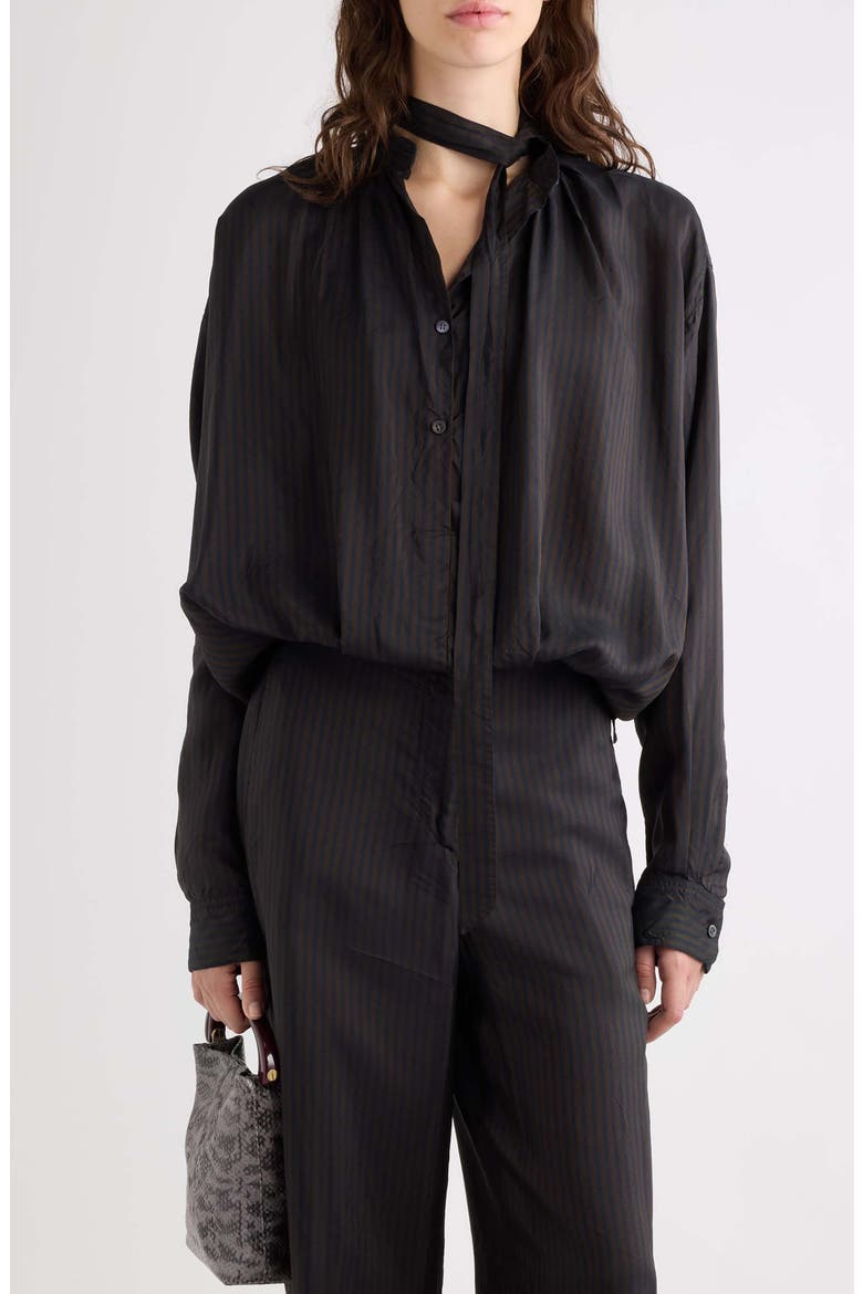 Cenvy Stripe Cupro Button-Up Shirt, Main, color, DARK BROWN