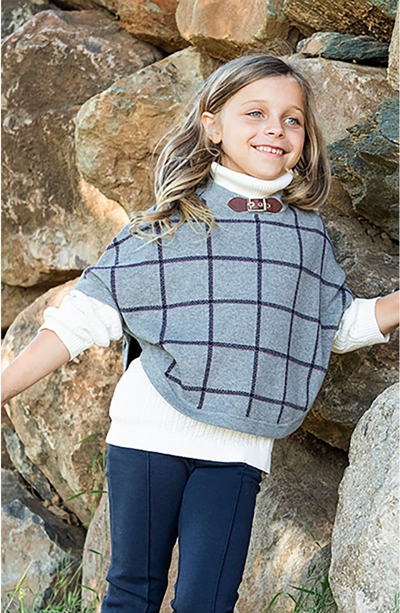Hope & Henry Girls' Cable Sweater Cape, Kids, Alternate, color, Gray Plaid