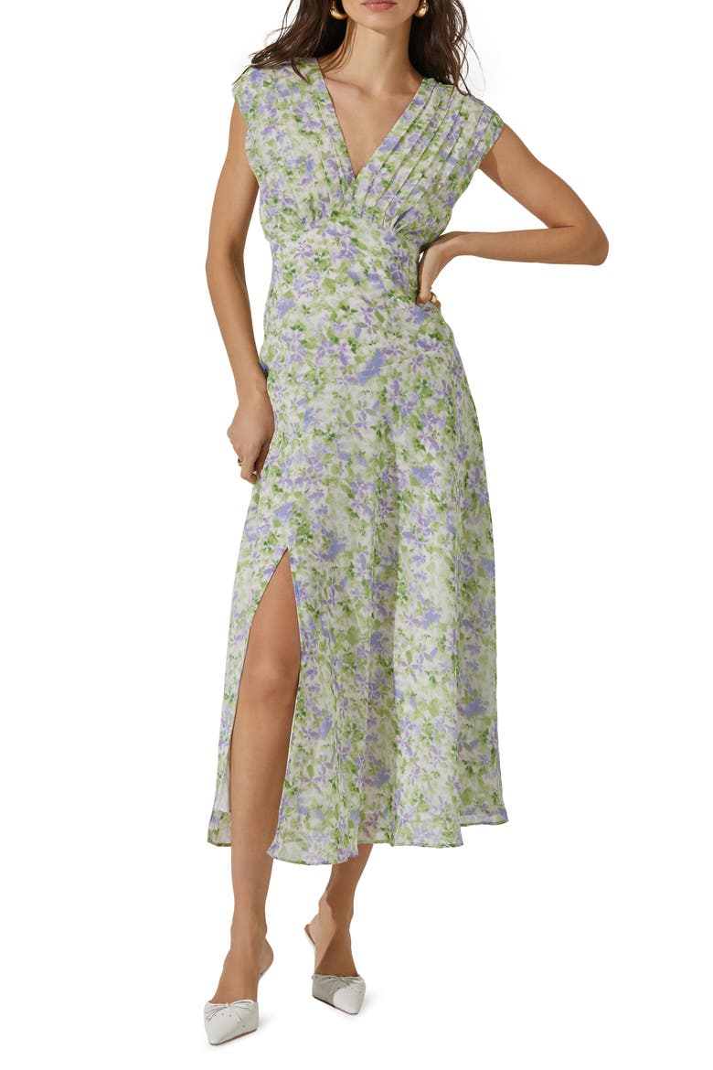 Floral Pleated Bodice Midi Dress, Main, color, GREEN LAVE
