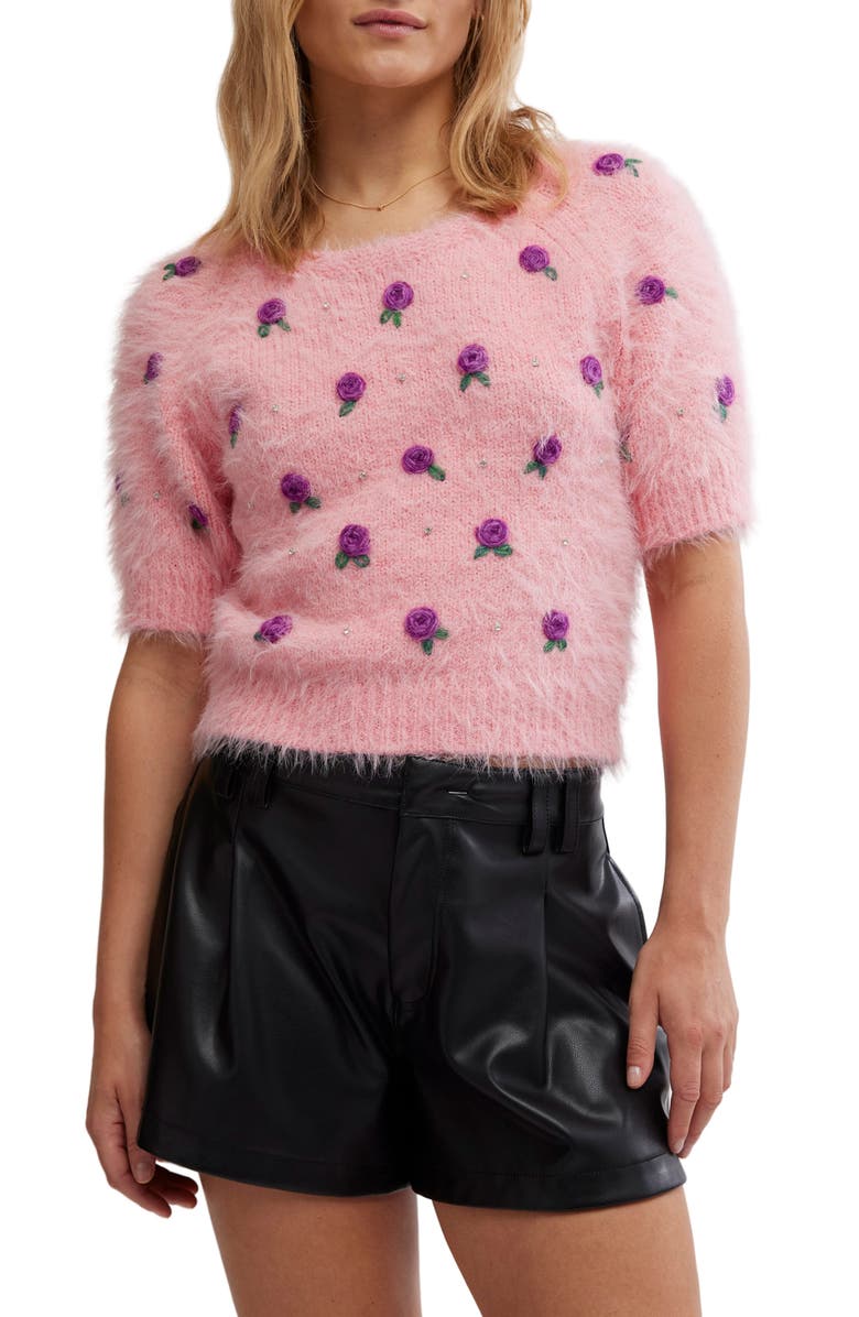 Free People Winter Blooms Appliqué Short Sleeve Sweater, Main, color, Quartz Pink Combo