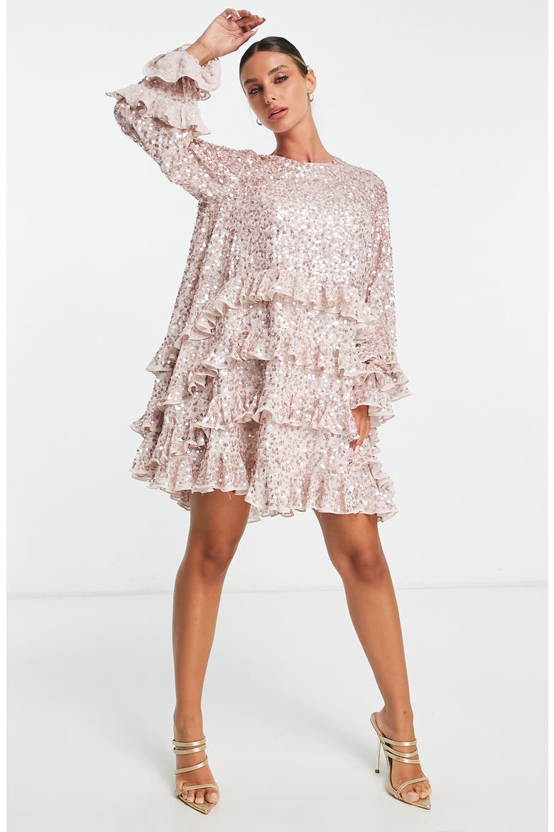 Sequin Ruffle Shift Dress, Main, color, PINK MULTI
