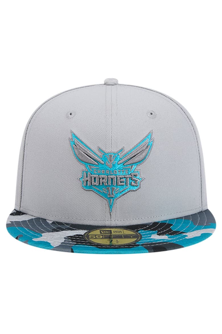 Men's New Era Gray Charlotte Hornets Active Color Camo Visor 59FIFTY Fitted Hat, Alternate, color, Gray