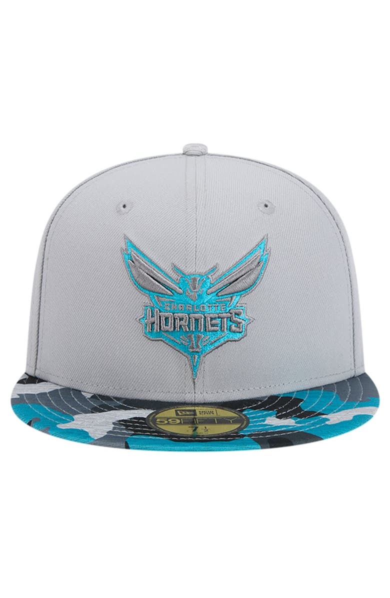 New Era Men's New Era Gray Charlotte Hornets Active Color Camo Visor 59FIFTY Fitted Hat, Alternate, color, 