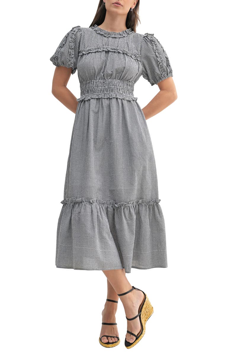 Mila Mae Gingham Short Sleeve Fit & Flare Midi Dress, Main, color, 