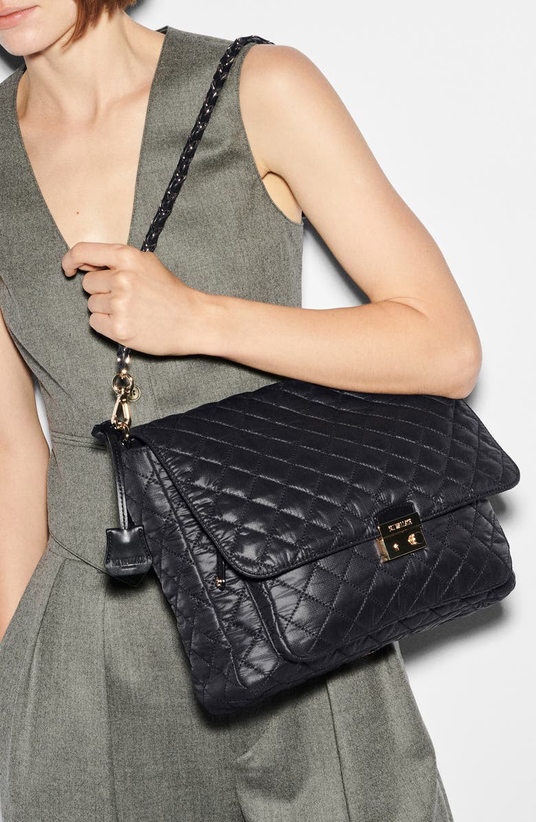MZ Wallace Large Crosby Lock Quilted Nylon Crossbody Bag, Alternate, color, Black