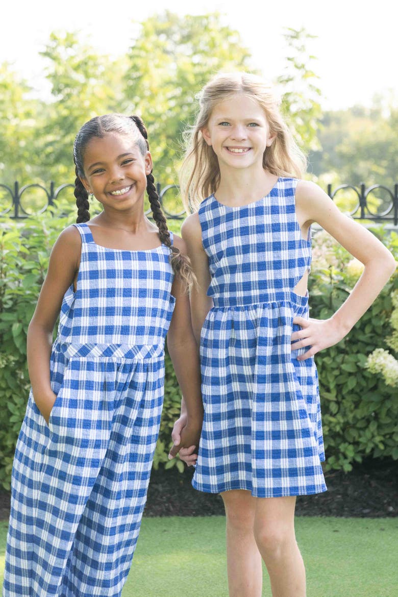 Plaid Seersucker Dress with Side Cut-Out, Alternate, color, Blue / White