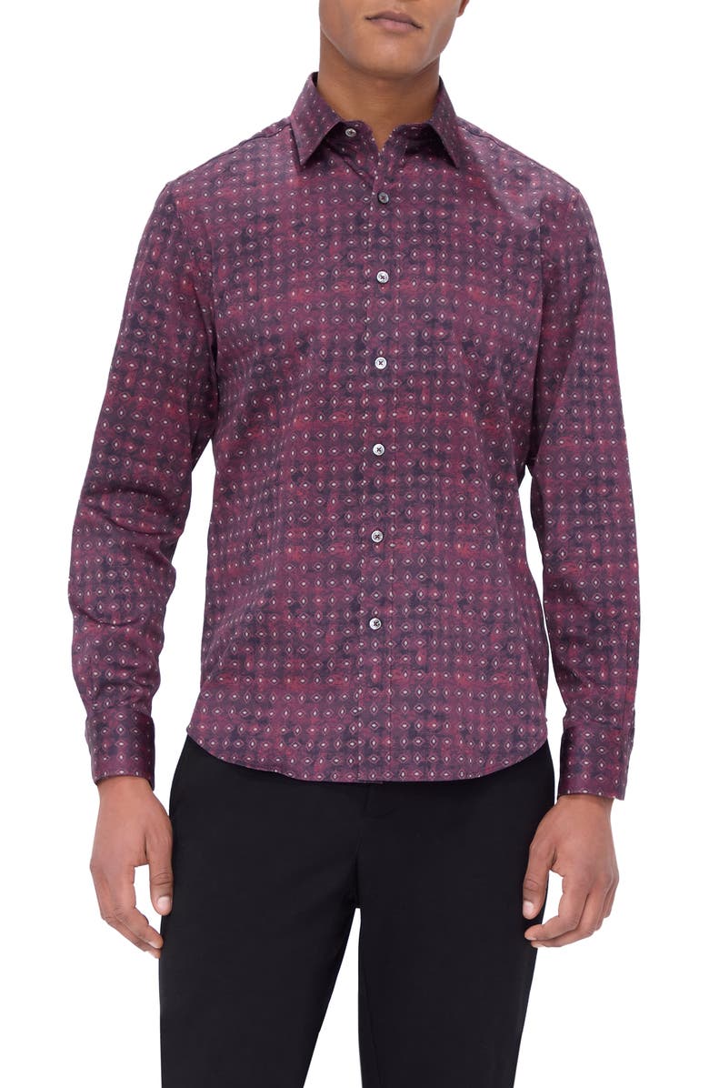 Bugatchi Julian Shaped Fit Geometric Cotton Button-Up Shirt, Main, color, Cabernet