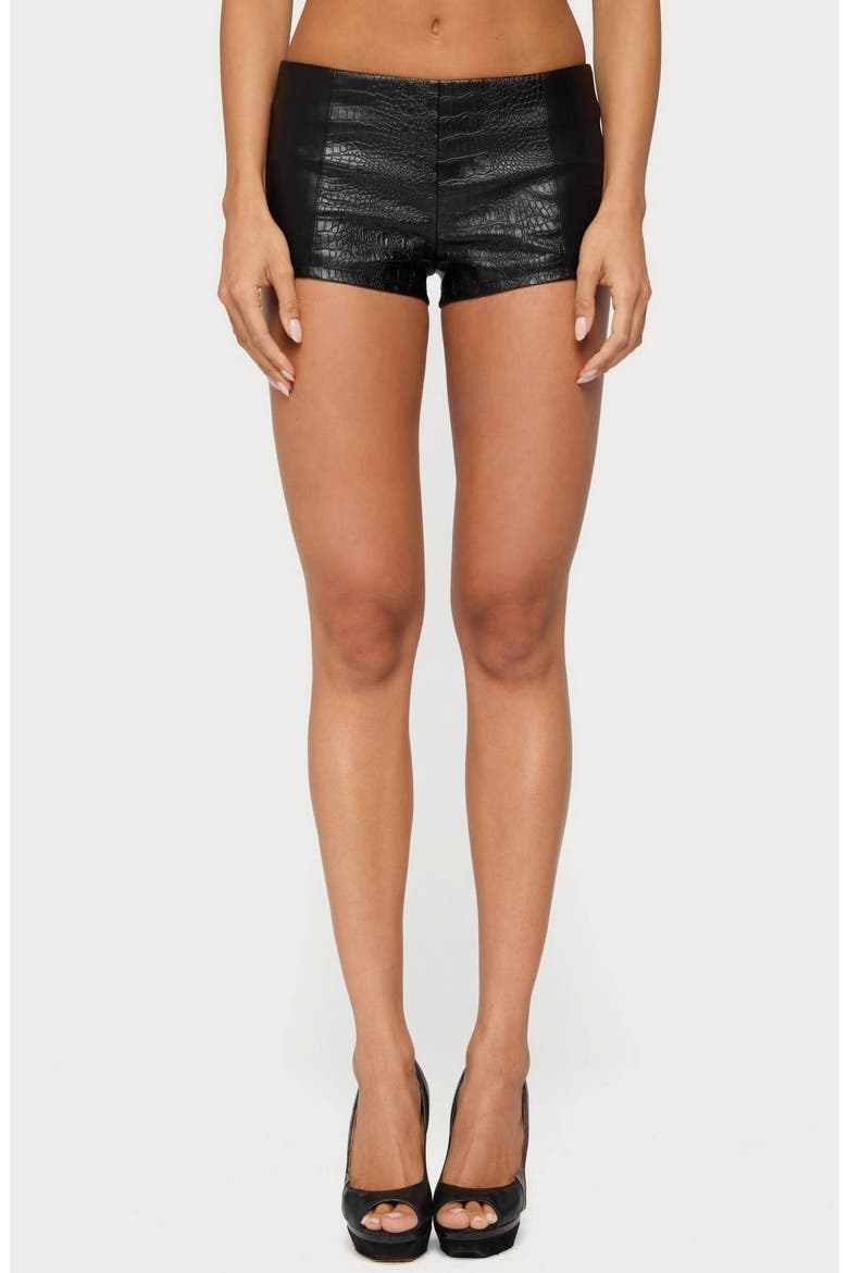 Zaci Croc Embossed Faux Leather Mini Shorts, Main, color, BLACK