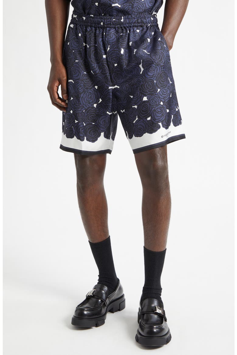 Floral Elastic Waist Silk Shorts, Main, color, DARK NAVY