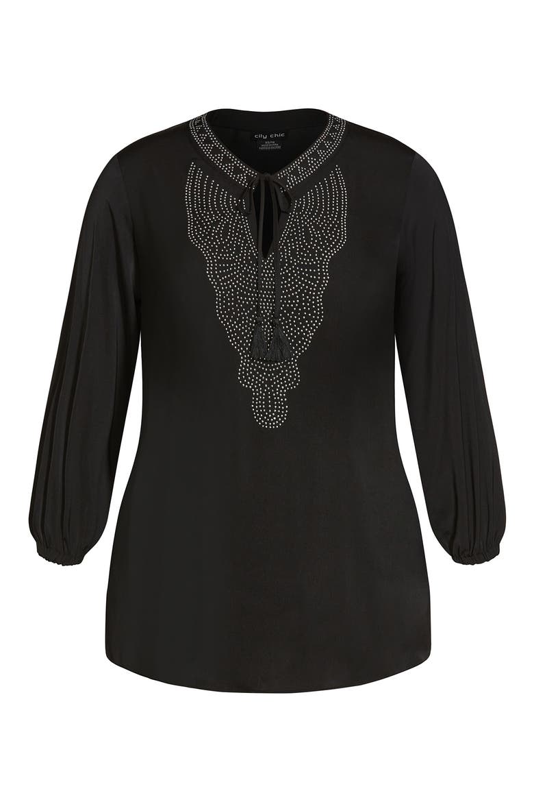Embellished Split Neck Blouse, Alternate, color, BLACK