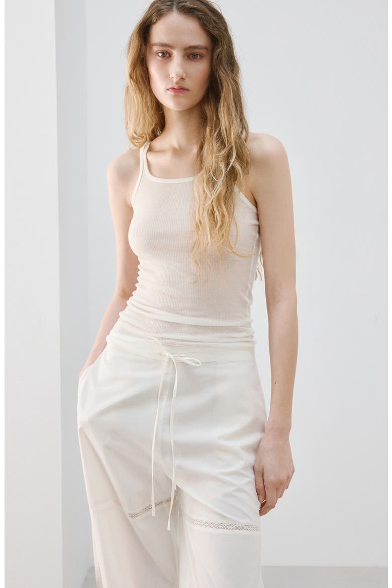 Lace & Bow Detail Cotton Pants, Alternate, color, IVORY WHITE