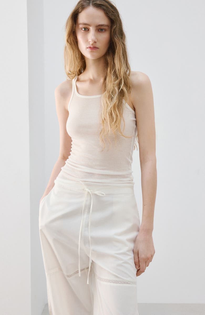 MANGO Lace & Bow Detail Cotton Pants, Alternate, color, Ivory White