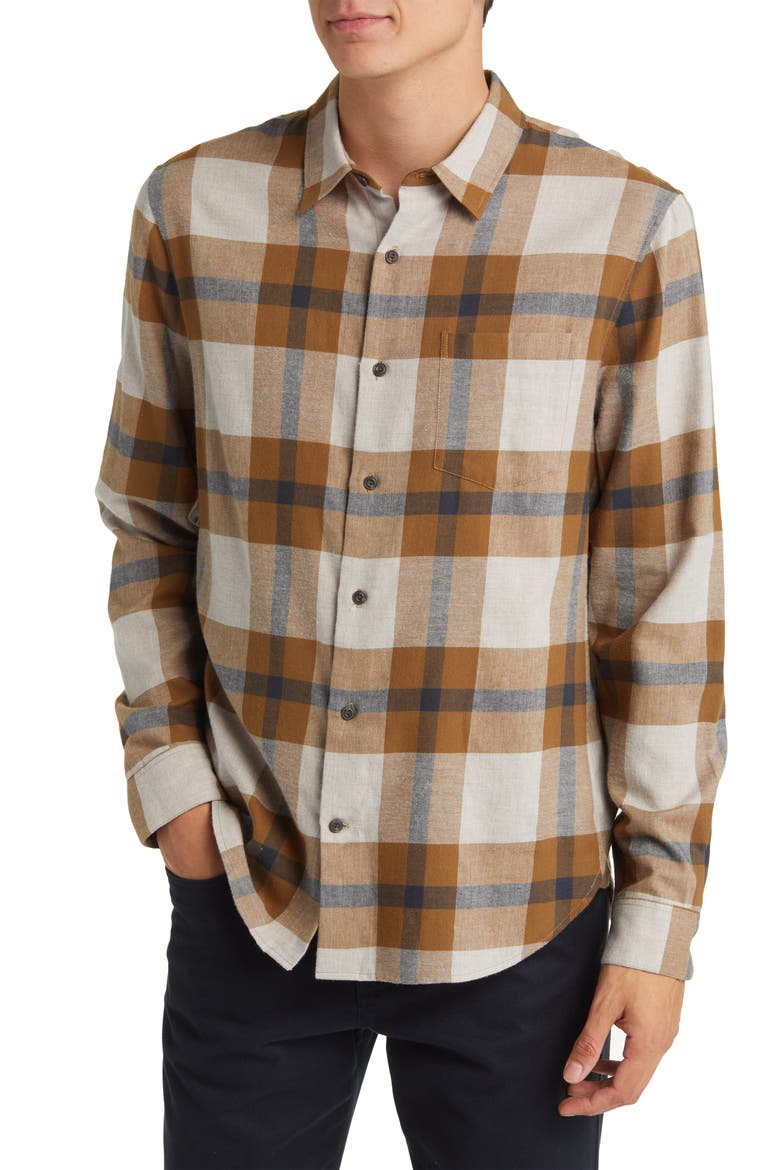 Yorkshire Plaid Flannel Button-Up Shirt, Main, color, SLATE BROWN/NIGHTSHA