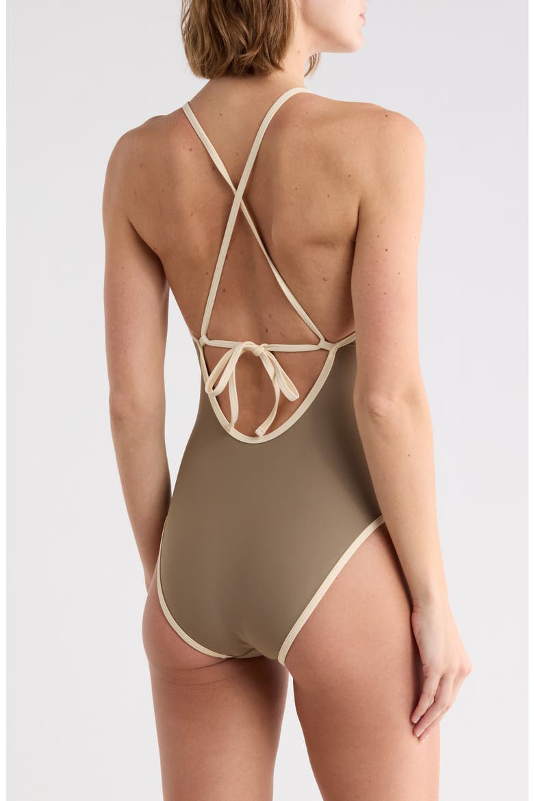 Contrast V-Neck One-Piece Swimsuit, Alternate, color, TAUPE HAZE