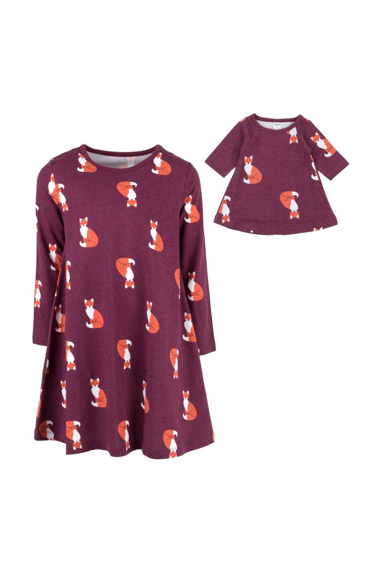 Girls Cotton Dress with Matching Doll Dress, Printed Design, Alternate, color, FOX