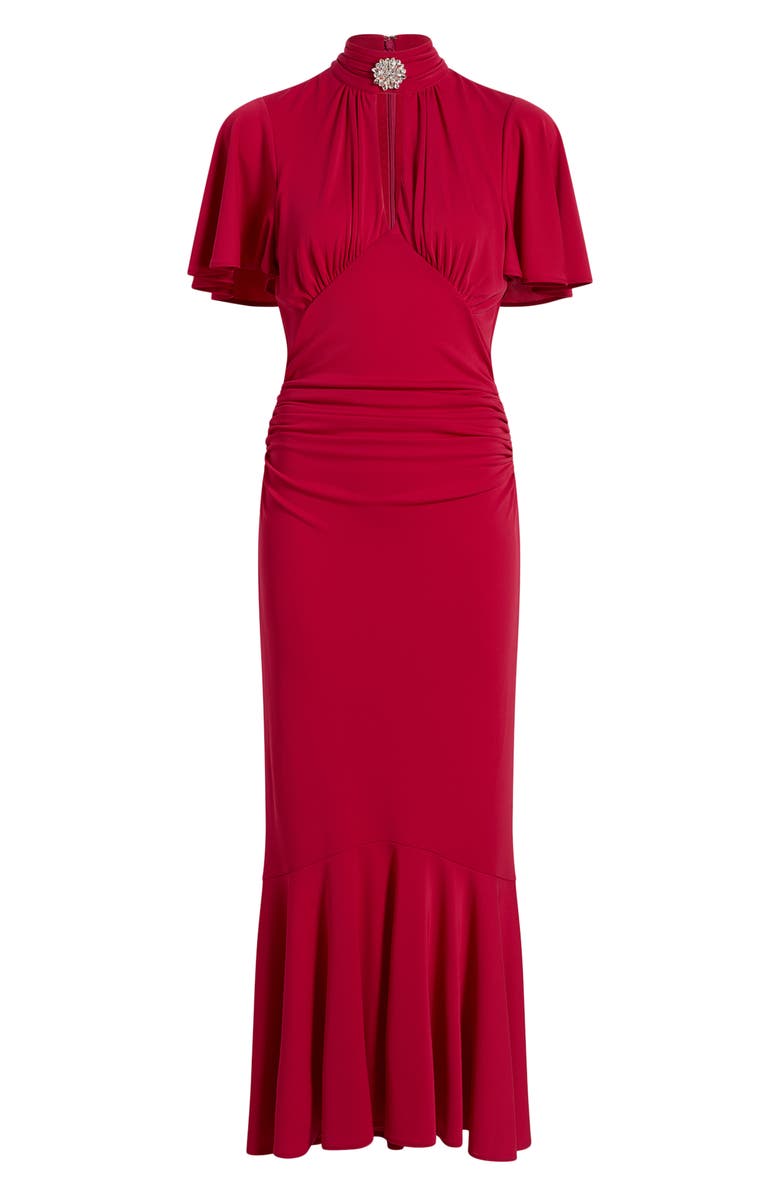 Cinq à Sept Rosita Rhinestone Brooch Detail Ruched Dress, Alternate, color, Burgundy Plum