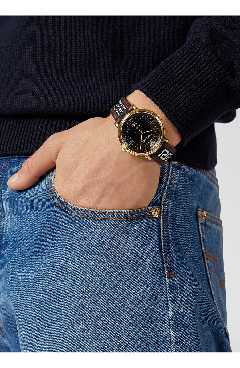 Versace V Circle Greca Leather Strap Watch, 42mm, Alternate, color, 