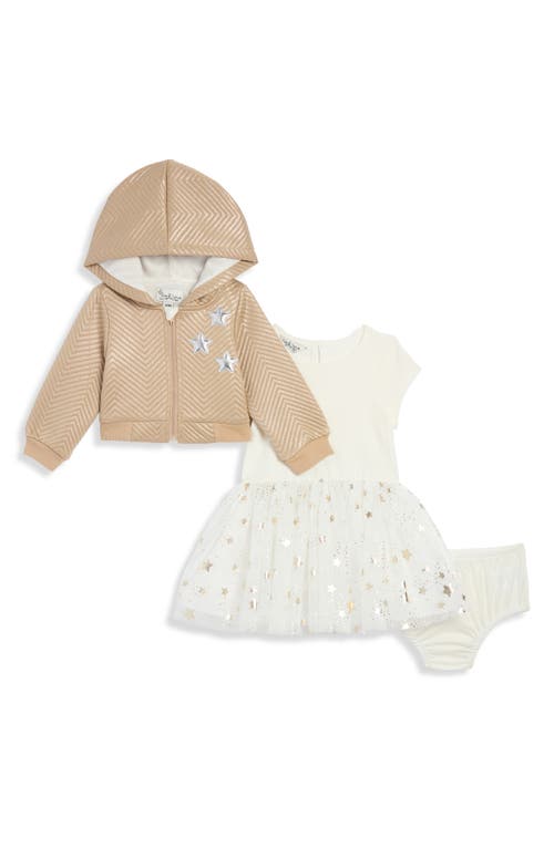 Pippa & Julie Jessica Quilted Hoodie, T-Shirt Dress & Bloomers Set in Ivory/gold 