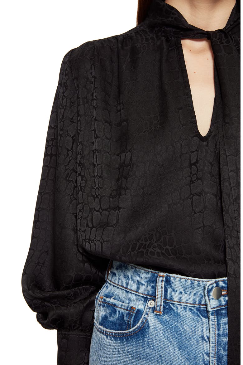 Delilah Croc Jacquard Silk Top, Alternate, color, BLACK JACQUARD