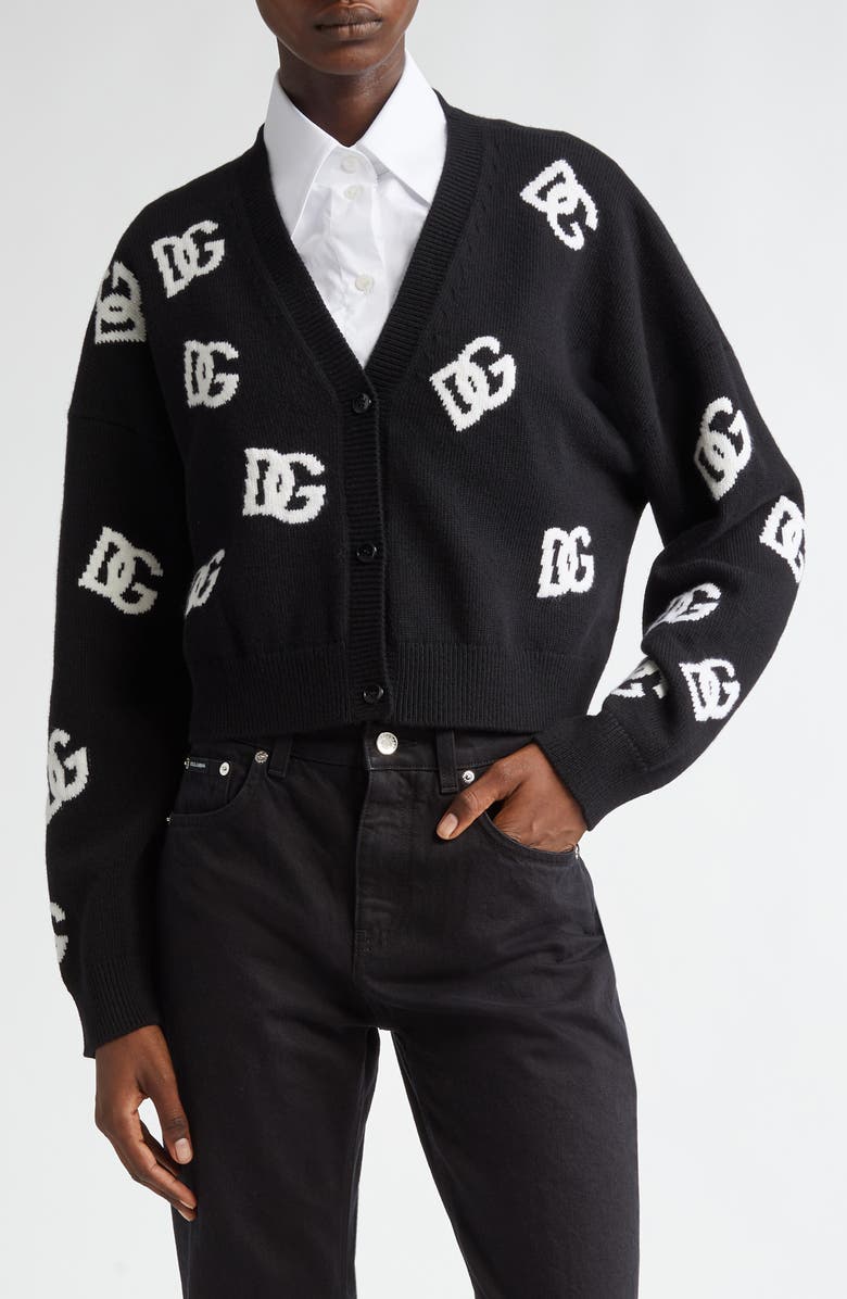 Dolce&Gabbana DG Logo Virgin Wool Crop Cardigan, Main, color, 