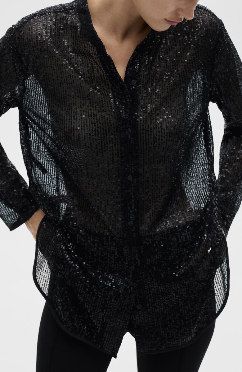 MANGO Xurano Sequin Button-Up Shirt, Main, color, Black