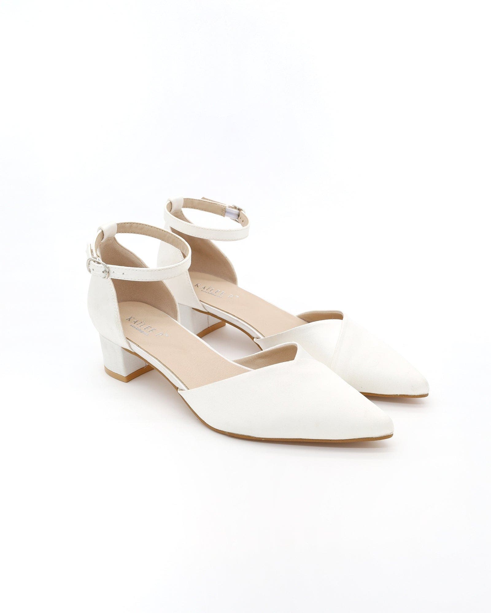 Kailee P Leila Satin Pointed Toe Low Block Heels Wedding Shoes, Main, color, White