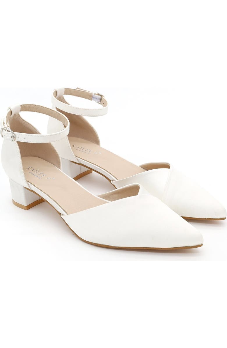 Kailee P Leila Satin Pointed Toe Low Block Heels Wedding Shoes, Main, color, White