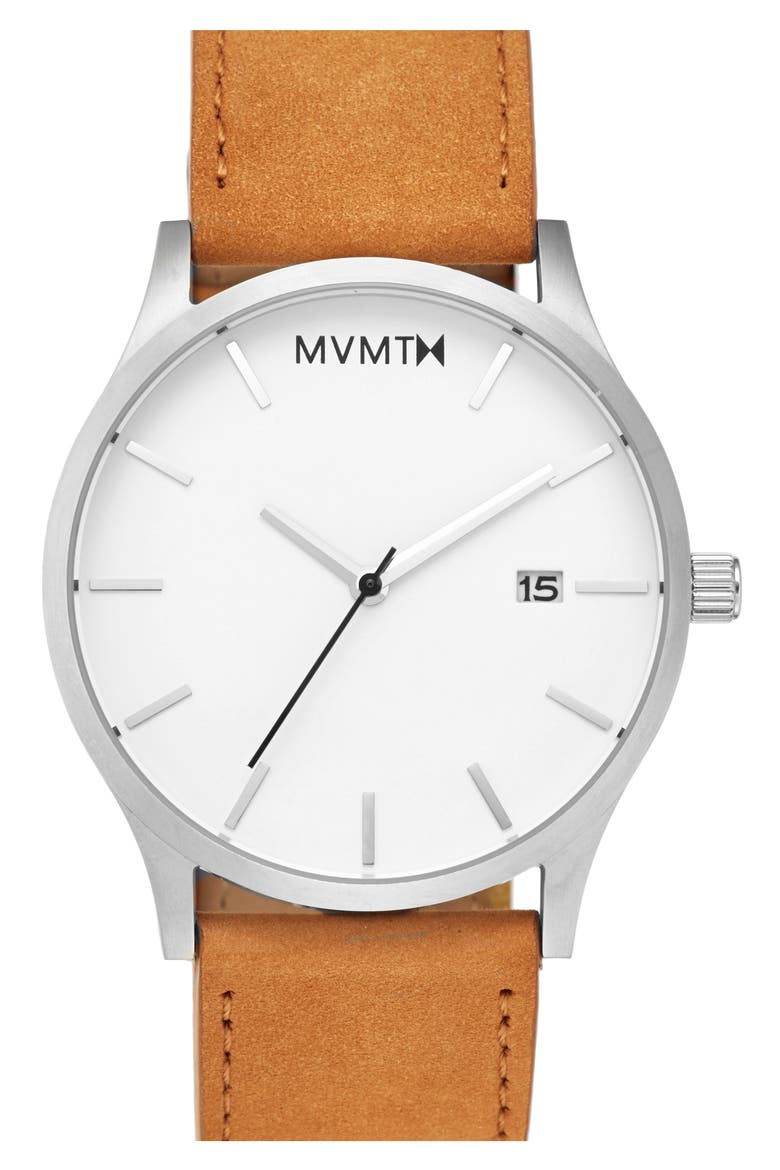 MVMT Leather Strap Watch, 45mm, Main, color, SILVER