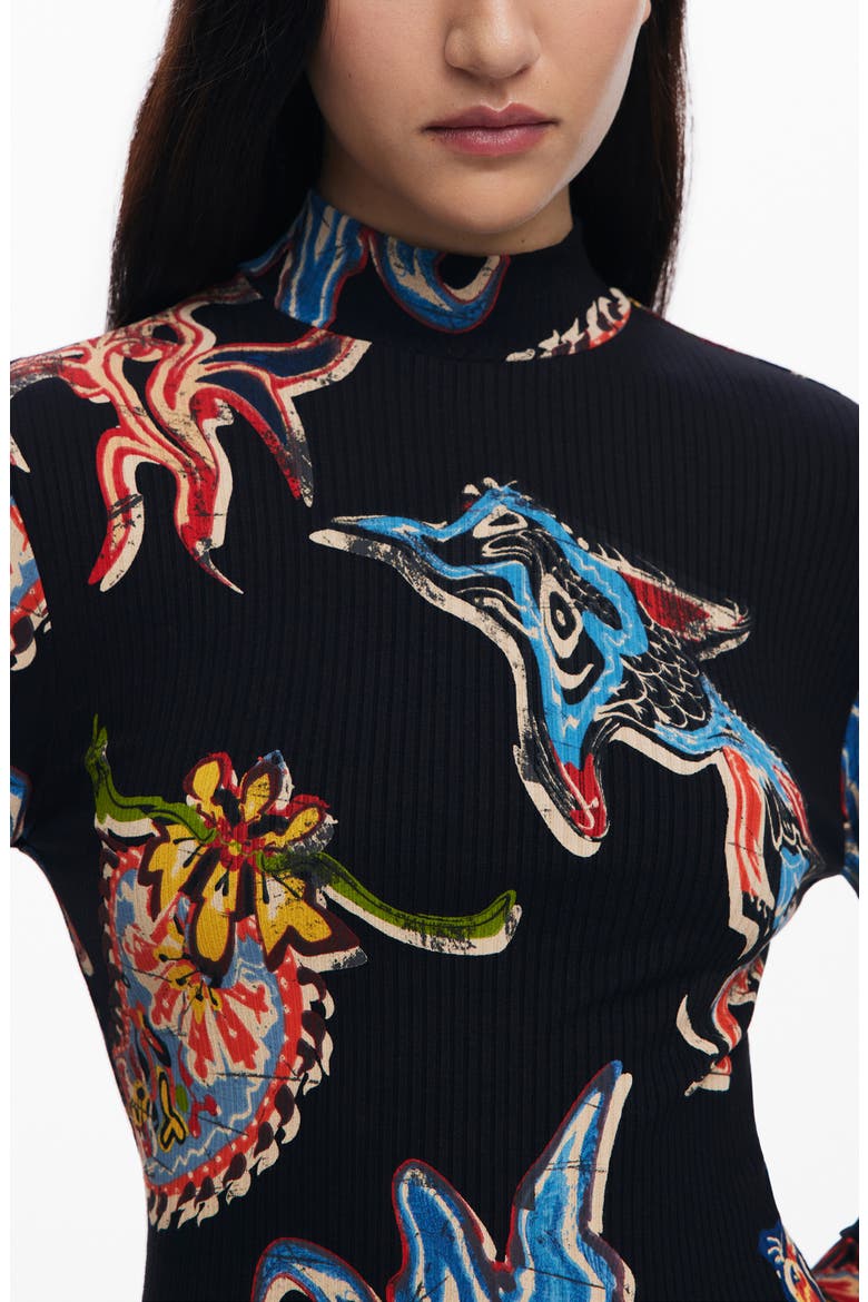 Abstract Print Long Sleeve Midi Dress, Alternate, color, BLACK