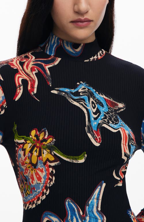 Desigual Abstract Print Long Sleeve Midi Dress In Black