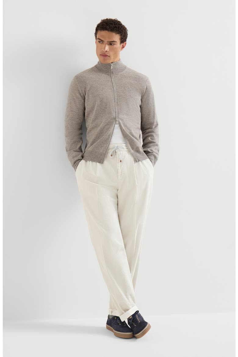 Garment-dyed trousers in cotton corduroy with drawstring and double pleats, Alternate, color, White