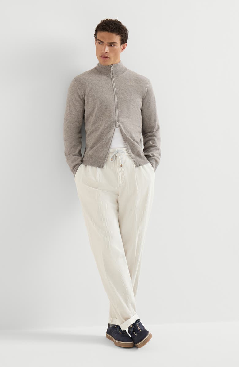 Brunello Cucinelli Garment-dyed trousers in cotton corduroy with drawstring and double pleats, Alternate, color, White