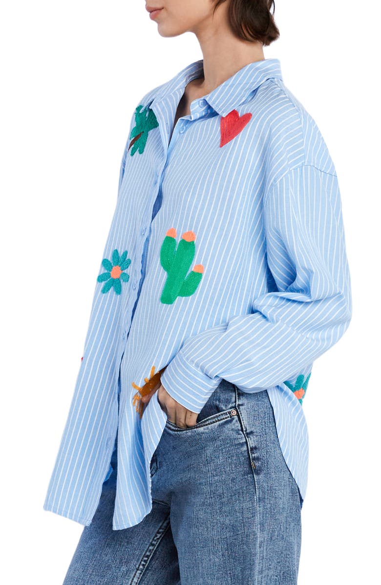Billy T Bali Exaggerated Embroidered Button-Up Shirt, Alternate, color, Blue Prep Stripe