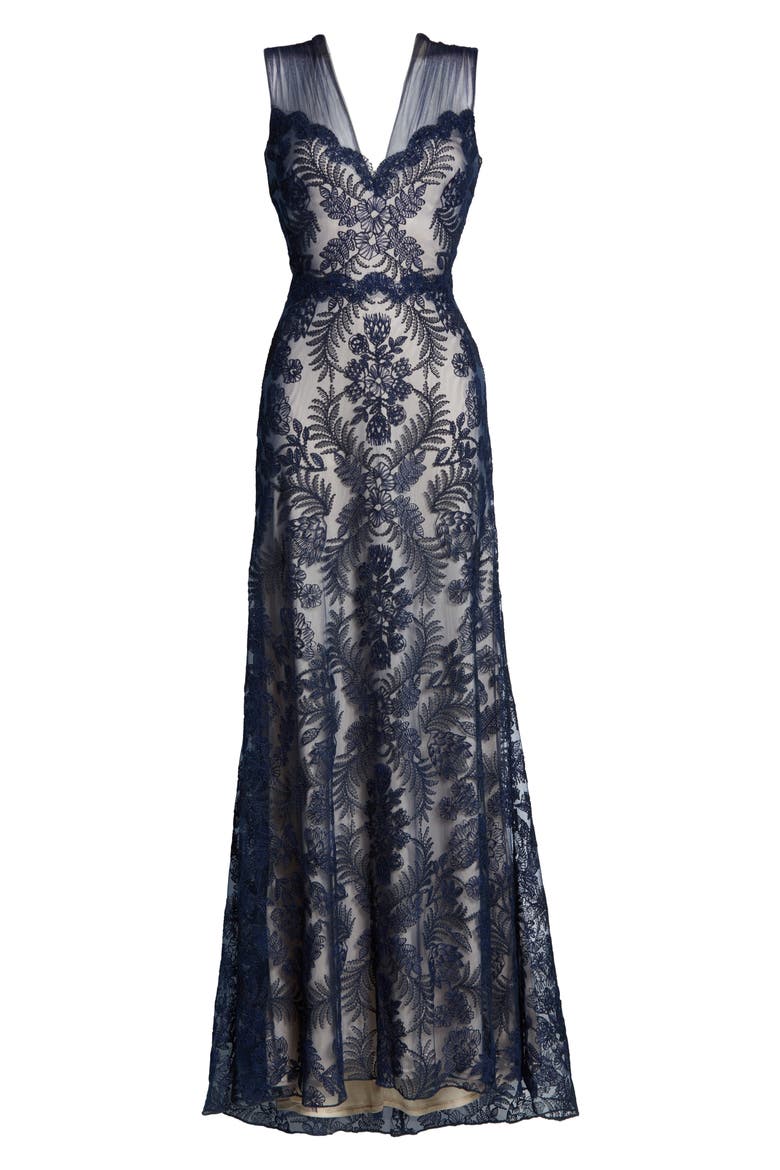 Embroidered Lace Evening Gown, Alternate, color, NAVY/ PETAL