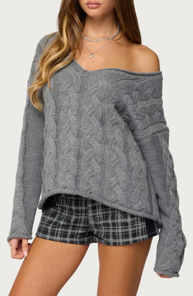 EDIKTED Inga Cable Oversize V-Neck Sweater, Main, color, 