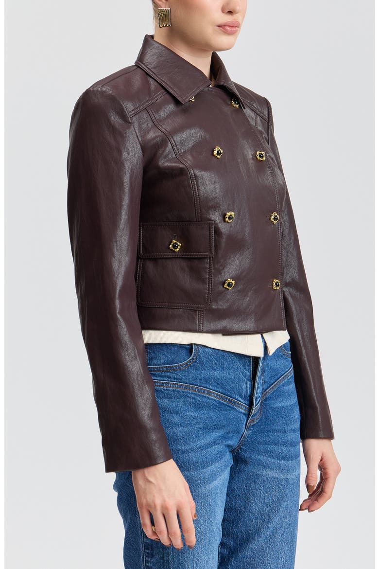 Double Breasted Cropped Faux Leather Jacket, Alternate, color, RAISIN